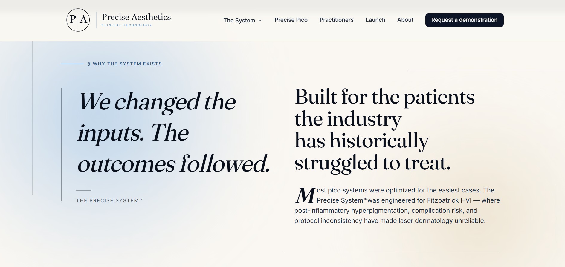 Precise Aesthetics — Why The System Exists section, editorial type, light theme